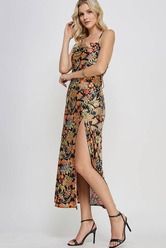 Tapestry Cowl Neck Slip Dress