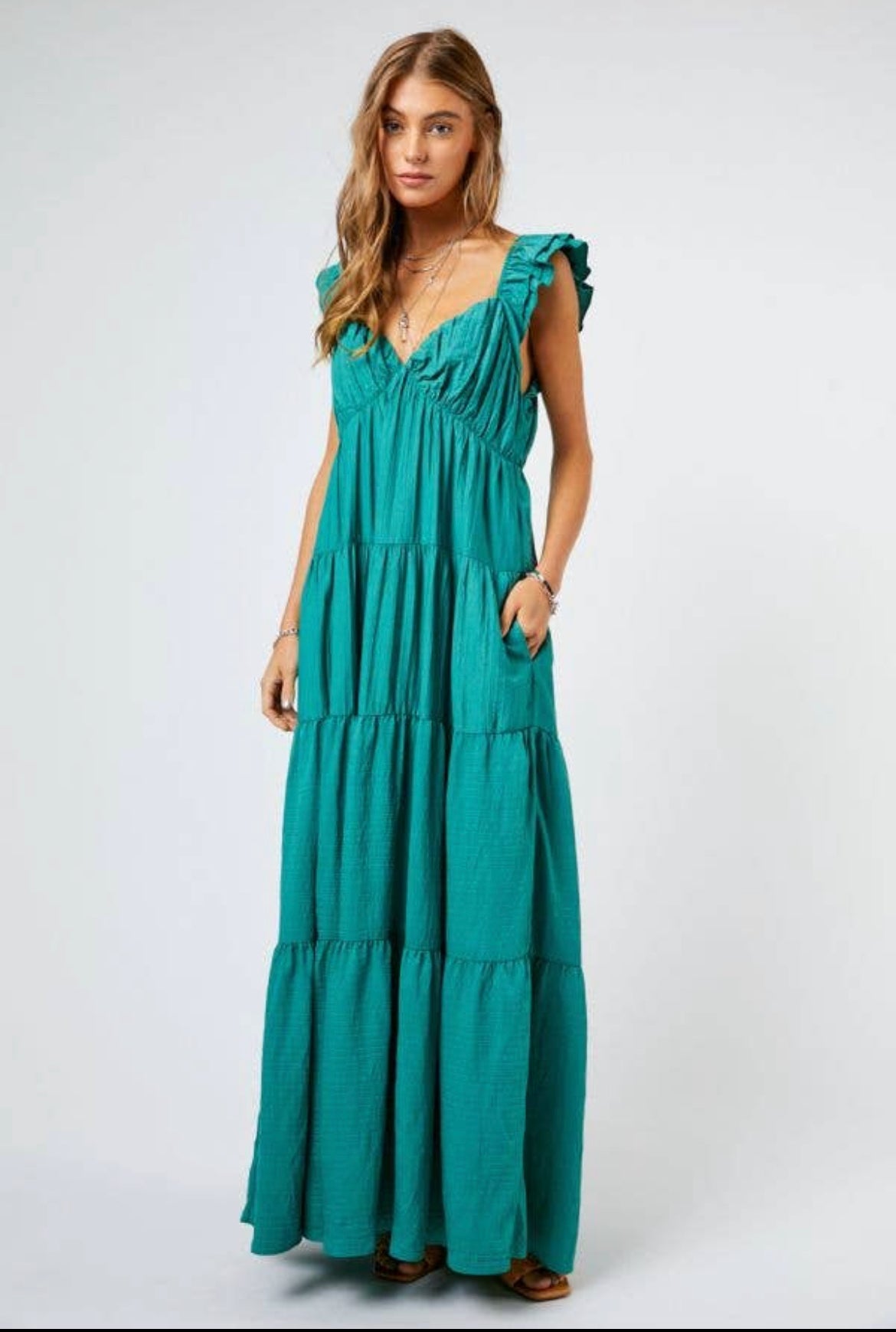 Jade Ruffle Sleeve TieredMaxi Dress