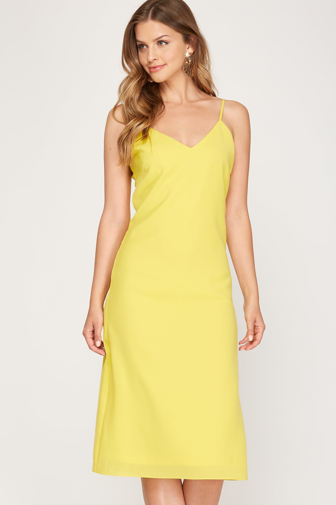 knee length dresses for ladies Yellow Floral Square Neck Side Leg Split Midi Dress main image 1