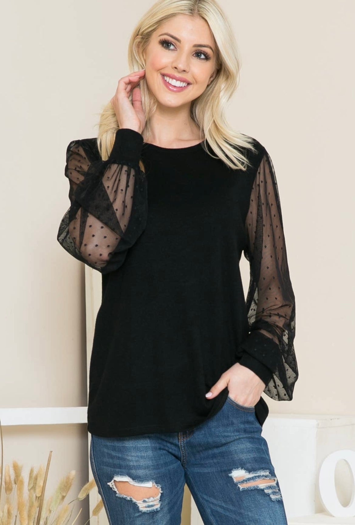 Jess Mesh Dot Puff Sleeve Top