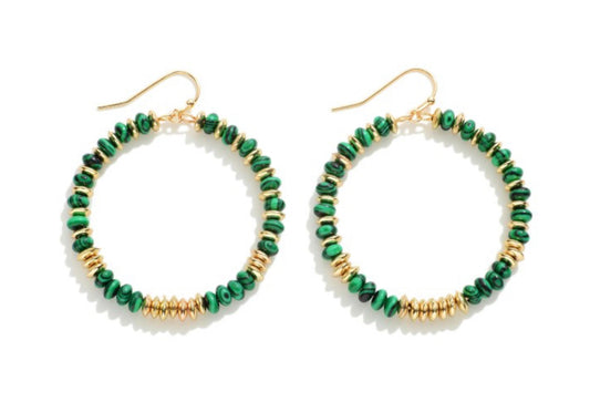 Green & Gold Beaded Hoop Earrings